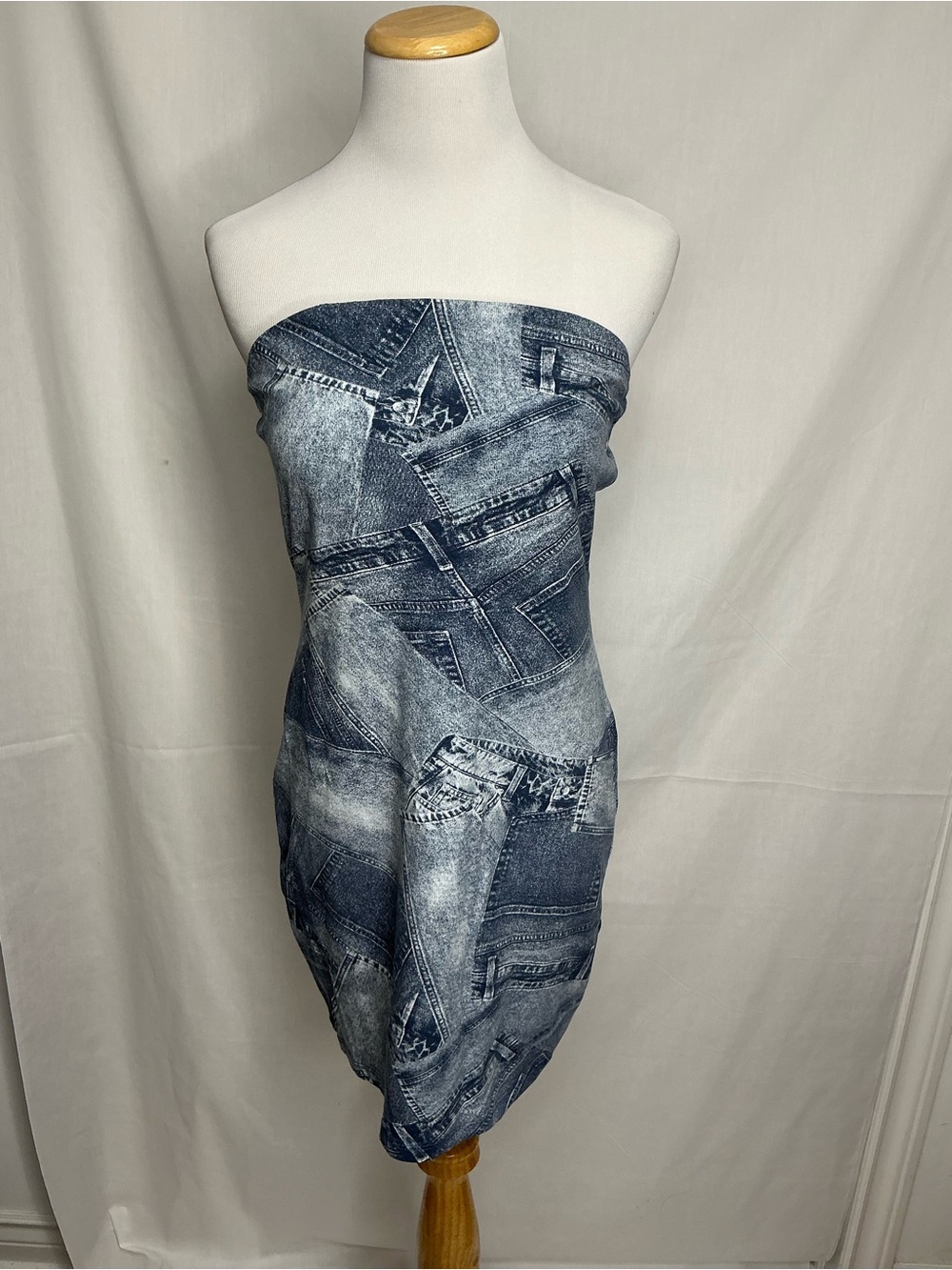 2194 - Divided Strapless Denim-Print Bodycon Dress in Blue Wash